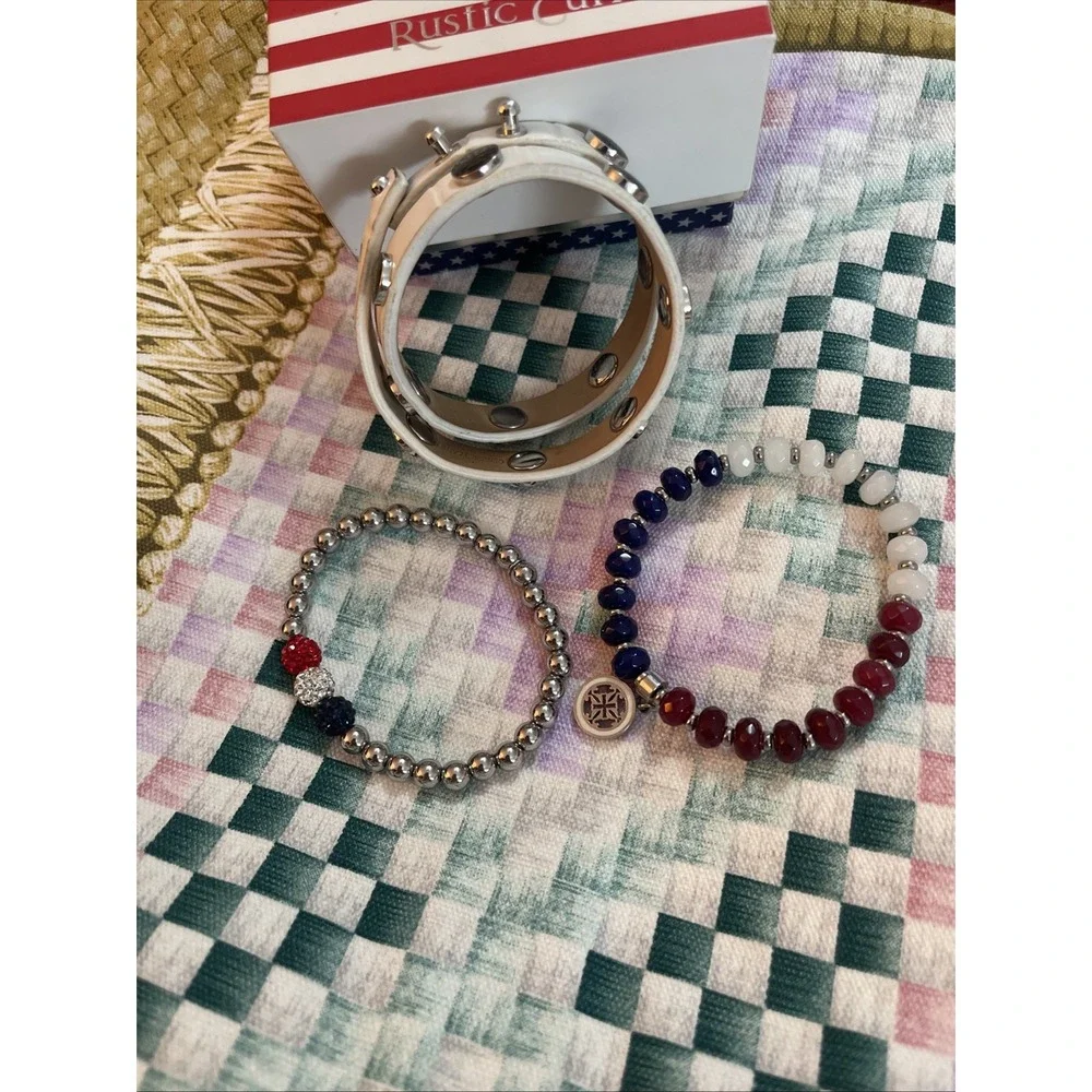 Lot Of 3 Patriotic USA Red White & Blue Rustic Cuff bracelets 1‎ Leather 2 Beads - Picture 6 of 6